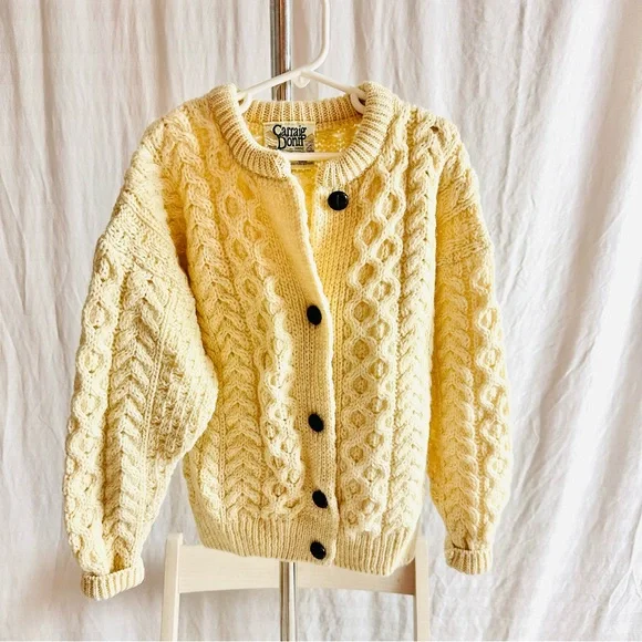 Kids Aran Wool Cardigan Sweater Hand Knit Ireland Cream Size Small - Picture 3 of 4